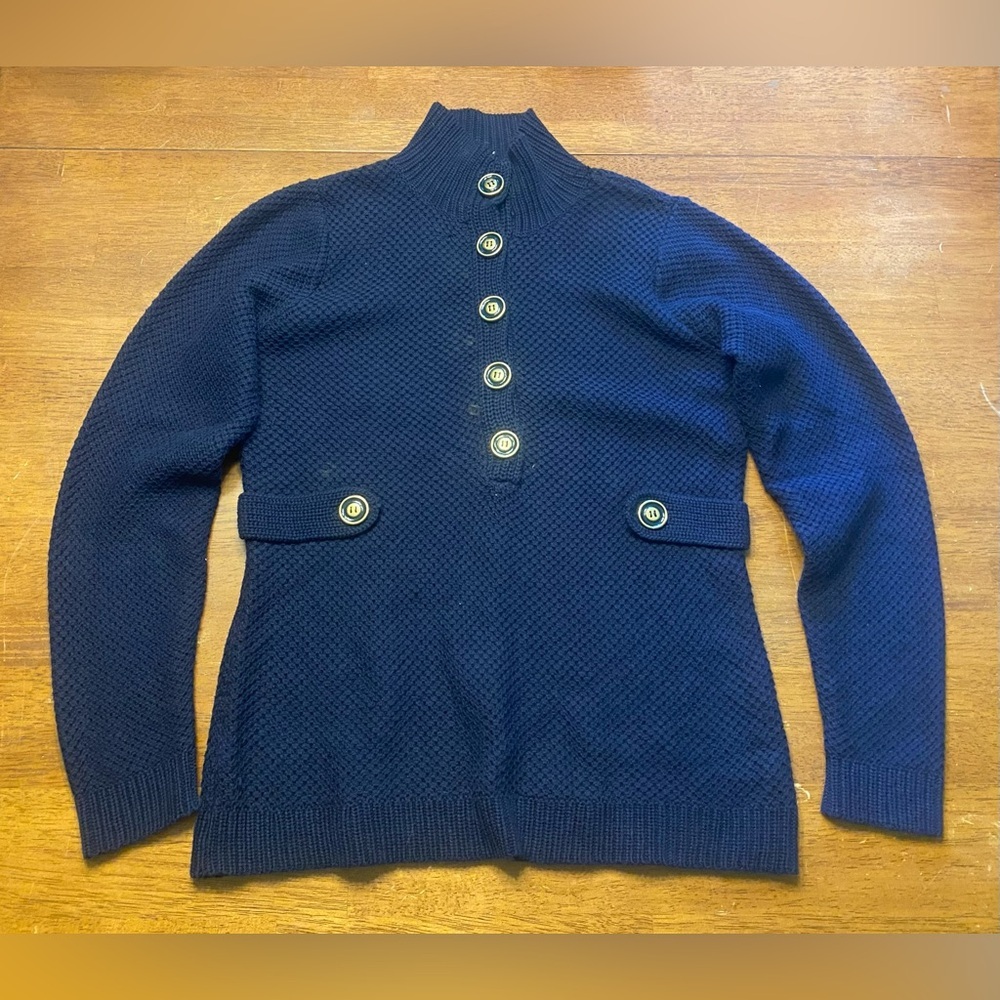 Navy Nautical Knit Button High Neck Pullover